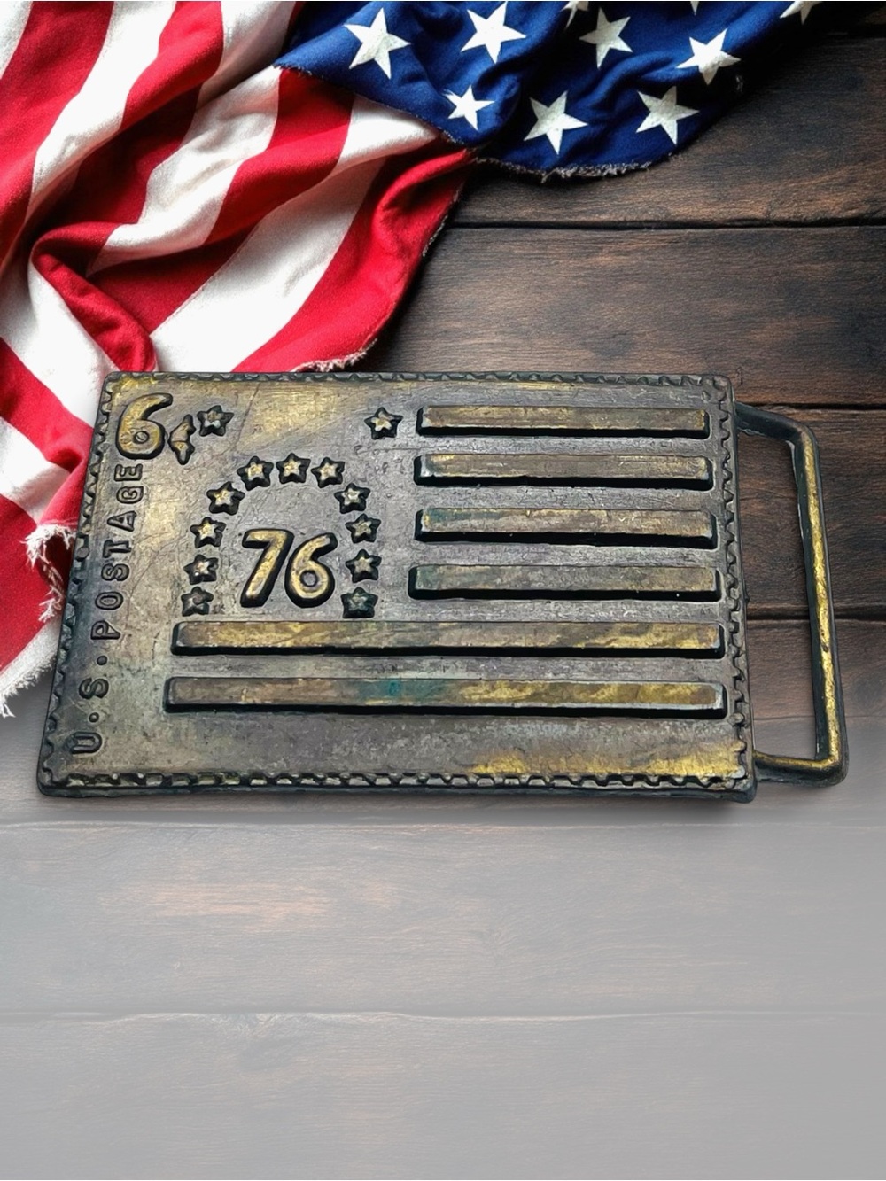 Vintage 1976 Bennington Flag 1777 Stamp Belt Buckle Ben Benedict